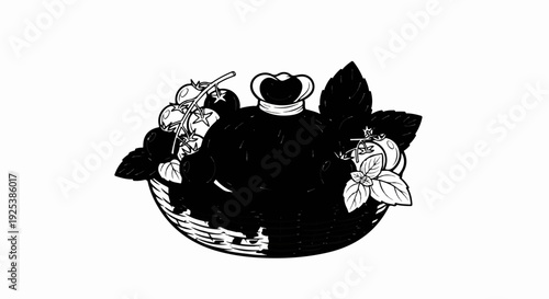 A stylized black and white depiction of a basket overflowing with fresh produce, including tomatoes and herbs, topped by a decorative crown