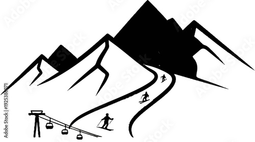 Stylized black ink drawing of skiers on a slope with a cable car