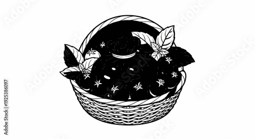 Black bag with tomatoes and basil in a woven basket