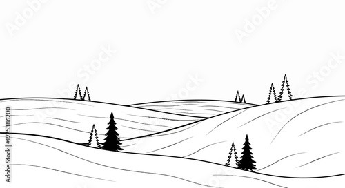 Stylized minimalist landscape with rolling hills and evergreen trees