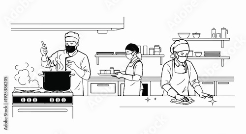 Kitchen staff wearing masks work safely in a clean restaurant environment