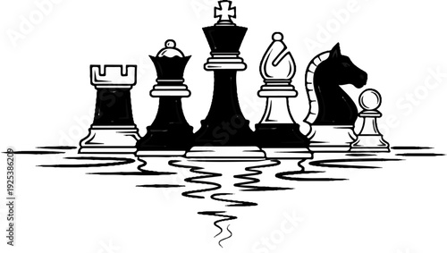 Iconic chess pieces arranged symmetrically with mirrored reflections below