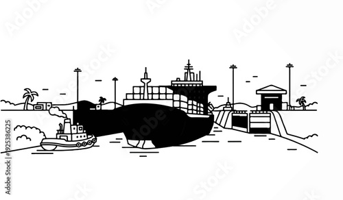 Large container ship navigates a lock system with tugboat assistance