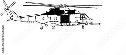 Line art of a large military transport helicopter with rotor blades extended