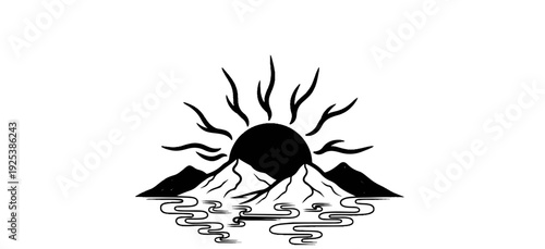 Stylized sun rising over mountains reflected in water