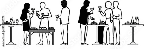 People socializing at a cocktail party with snacks and drinks