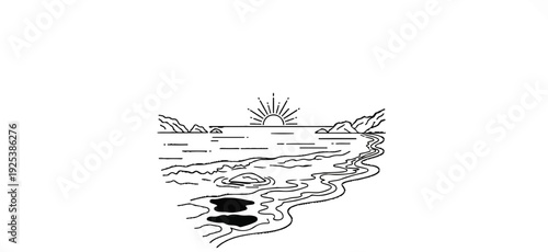 Minimalist line art of a sun rising over a calm sea with a rocky coastline