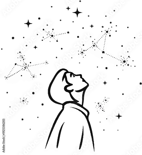 Person looking up at constellations in starry night sky
