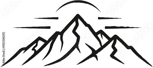 Stylized black ink drawing of jagged mountains under a crescent sun