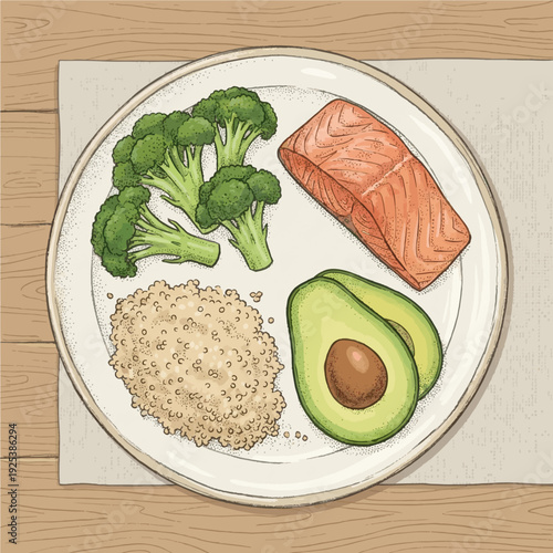 An illustration of a healthy and balanced meal plate with salmon, broccoli, quinoa, and avocado, representing nutritious eating for a wholesome lifestyle