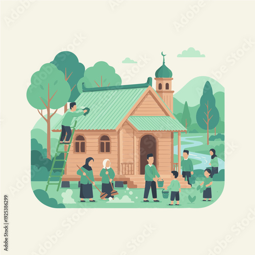 A vibrant community comes together to clean and maintain their local mosque, highlighting cooperation and spiritual dedication in a peaceful natural environment