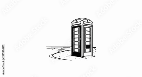 Classic phone booth on a sandy shore with wavy lines representing water