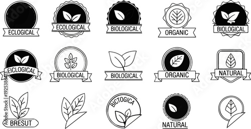 Collection of organic and biological certification seals with leaf symbols