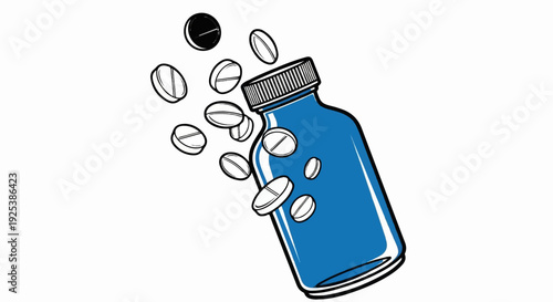 Blue bottle with pills spilling out, hand-drawn style