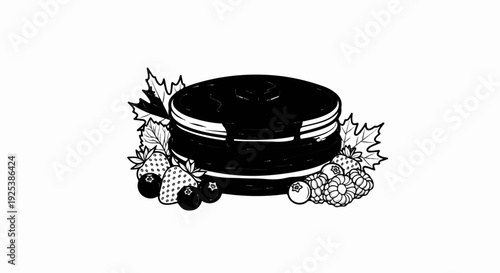 Stack of chocolate-covered pancakes with assorted berries and leaves