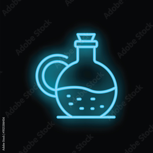 Neon sign depicting a bottle with a handle, filled with a magic potion, glowing on a black background
