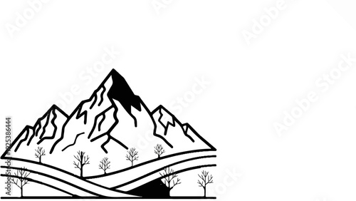 Stylized mountains with sparse trees and rolling hills