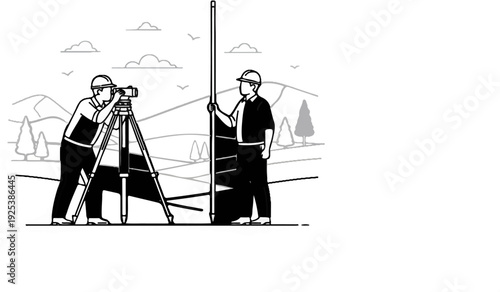Surveyors measuring terrain with equipment in a scenic, hilly landscape