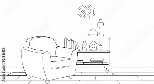 Cozy armchair next to shelf with vases and books, on wooden floor