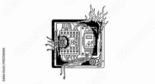 Electrical panel sparking and on fire, wires exposed, dangerous situation