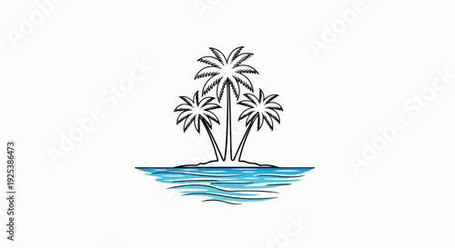 Three palm trees on a small island surrounded by blue ocean waves