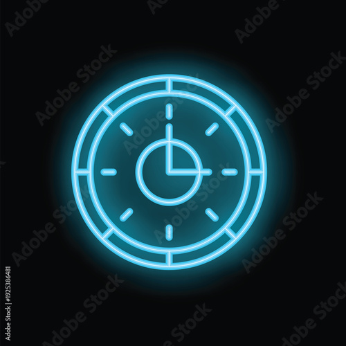 Blue neon clock showing the time passing on a black background