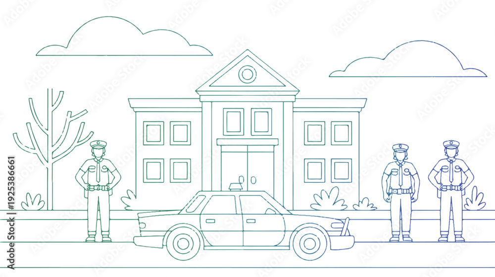 Naklejka premium Police officers standing in front of a building with a car law enforcement scene