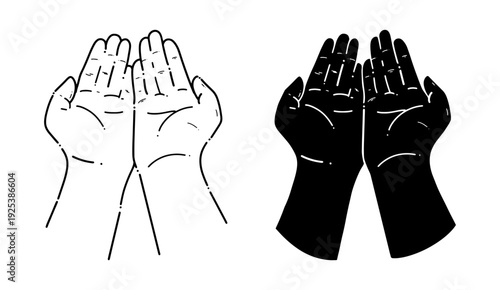 Praying hands line art and silhouette illustration, pray clip art. Suitable for spiritual content, religious education, meditation themes, inspirational designs, and faith-based visuals.