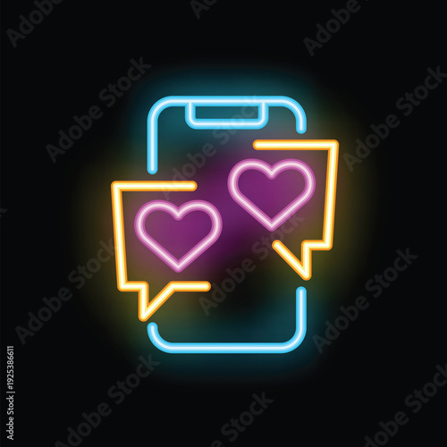 Vibrant neon sign depicting a smartphone with speech bubbles containing hearts, symbolizing online dating and romantic communication