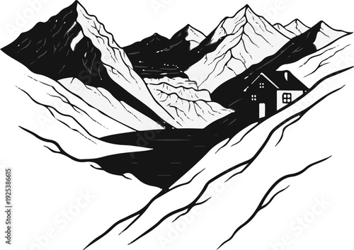 A stark, graphic depiction of a mountainous valley with a lake and cabin