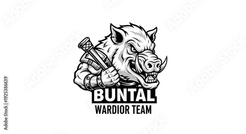 Powerful wild boar warrior mascot with weapon, fierce animal illustration