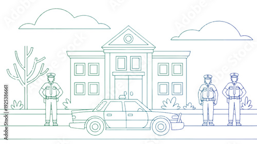 Police officers standing in front of a building with a car  law enforcement scene