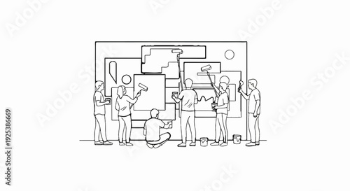 People painting a mural on a wall with rollers and buckets