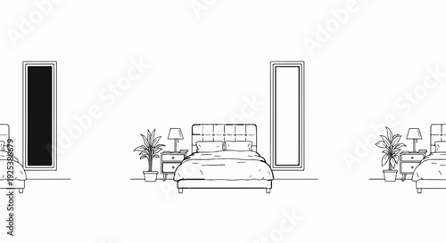 A minimalist line drawing of a bedroom with beds, plants, and lamps on either side