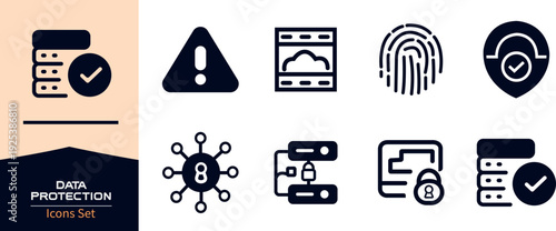 Network Technology security line art icons set including padlock, encryption, firewall, fingerprint, network, protection