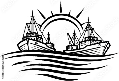 Two fishing boats sail on wavy water under a sunburst