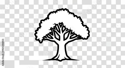 Stylized monochrome drawing of a mature tree with thick trunk and bushy canopy