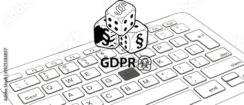 Three dice with paragraph symbols on a computer keyboard with the text GDPR