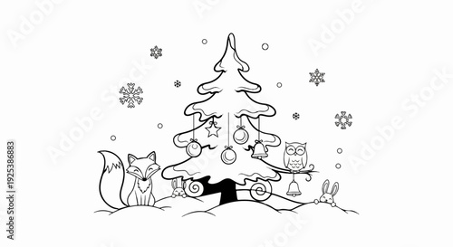 Winter forest friends celebrate near a decorated Christmas tree