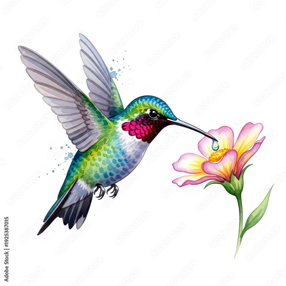 Obraz premium Vibrant Hummingbird Feeding on Flower with Nectar Drop, Watercolor Illustration