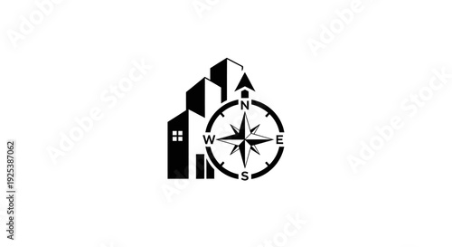 Urban Real Estate Navigation with Compass and City Buildings Icon