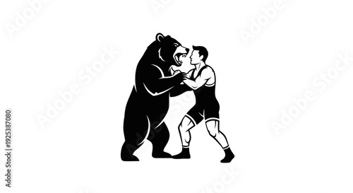 Wrestler Fighting Bear Retro Illustration - Black and White Graphic of Strength and Combat