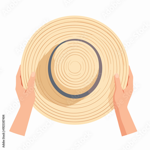 Hands holding a straw hat with a ribbon from a top-down viewpoint, showcasing summer fashion and style