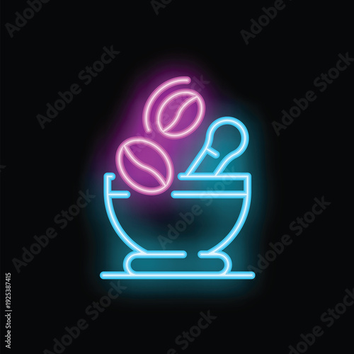 Neon sign illuminating a mortar and pestle crushing coffee beans, perfect for representing coffee shops and cafes