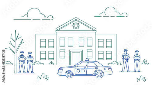 Police officers standing in front of a police station with a car