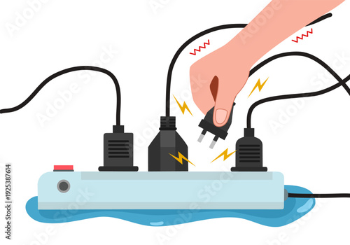 Hand unplugging cable from wet electrical socket.