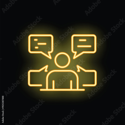 Neon yellow glowing icon of a person receiving feedback represented by speech bubbles with arrows pointing inwards