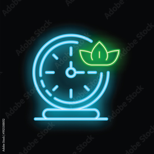 Neon sign of a clock with three green leaves growing from the top right side, symbolizing spring forward and daylight saving time