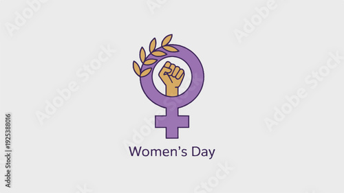 Purple female symbol with clenched fist and leaves on light background for Womens Day