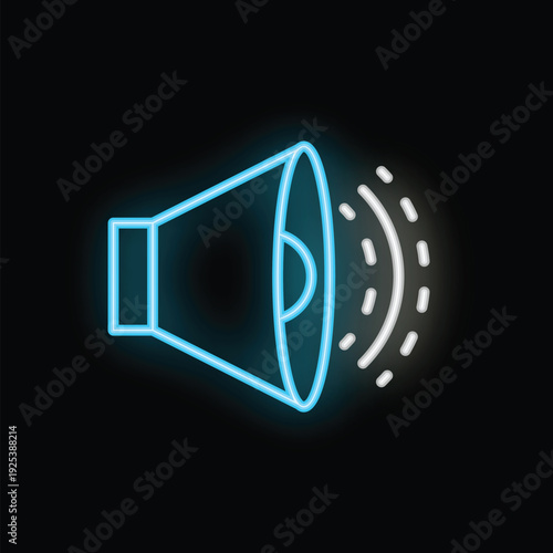 Bright blue neon megaphone icon is making sound waves on black background